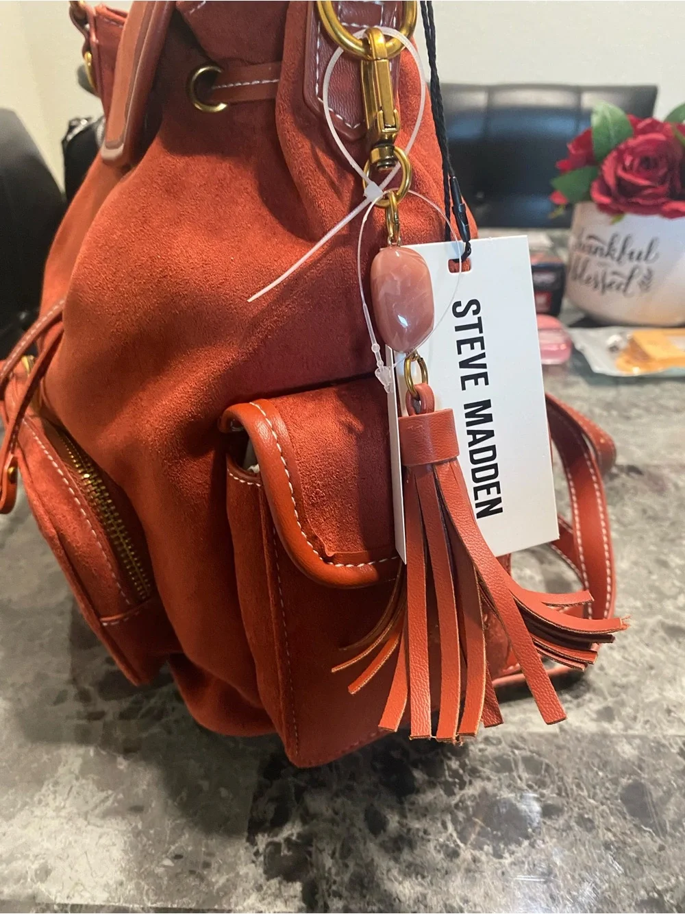 Steve Madden Burnt Orange Suede Drawstring Backpack
